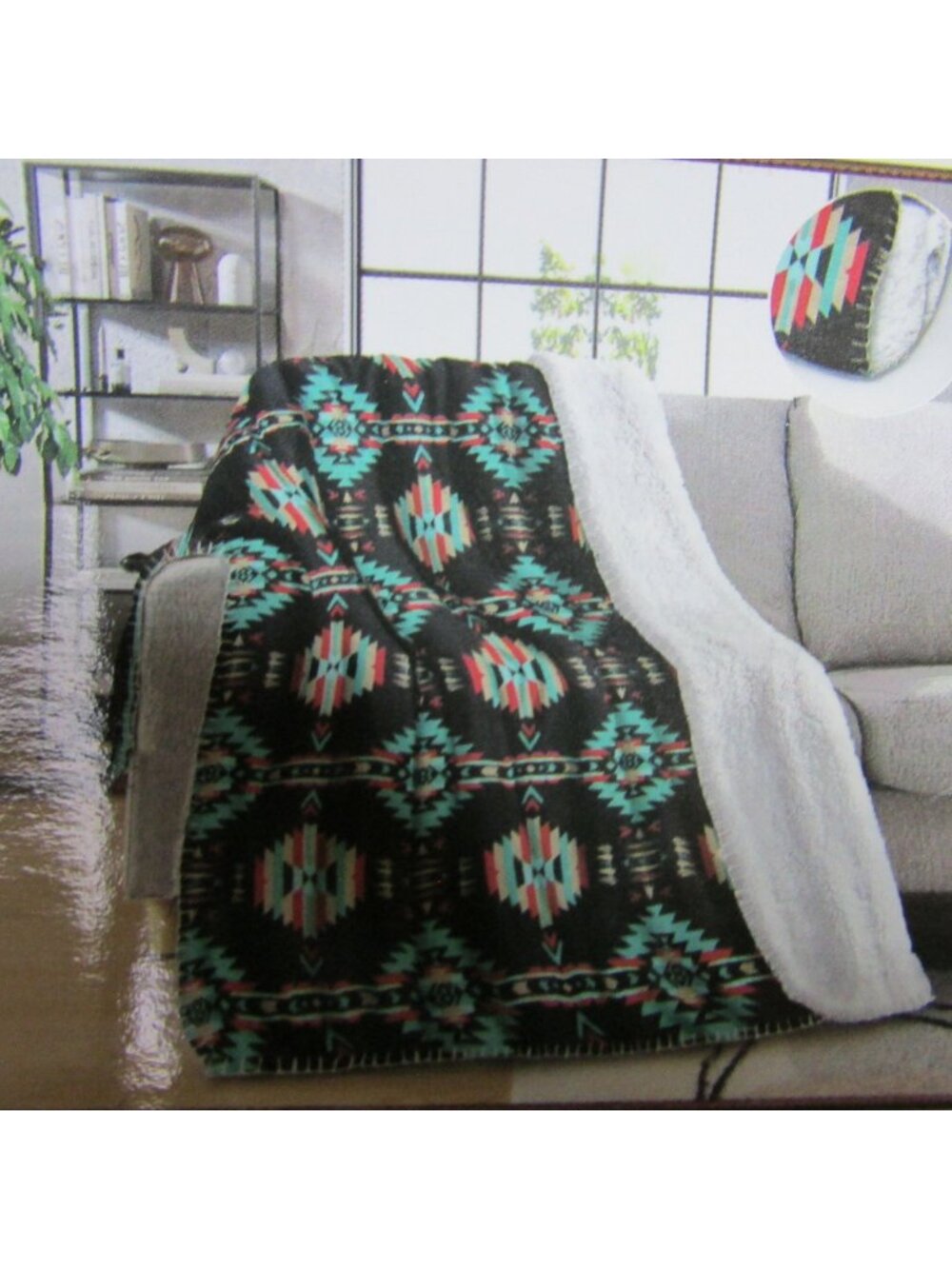 NWT Turquoise Aztec Mia Sherpa Blanket Western Linen
